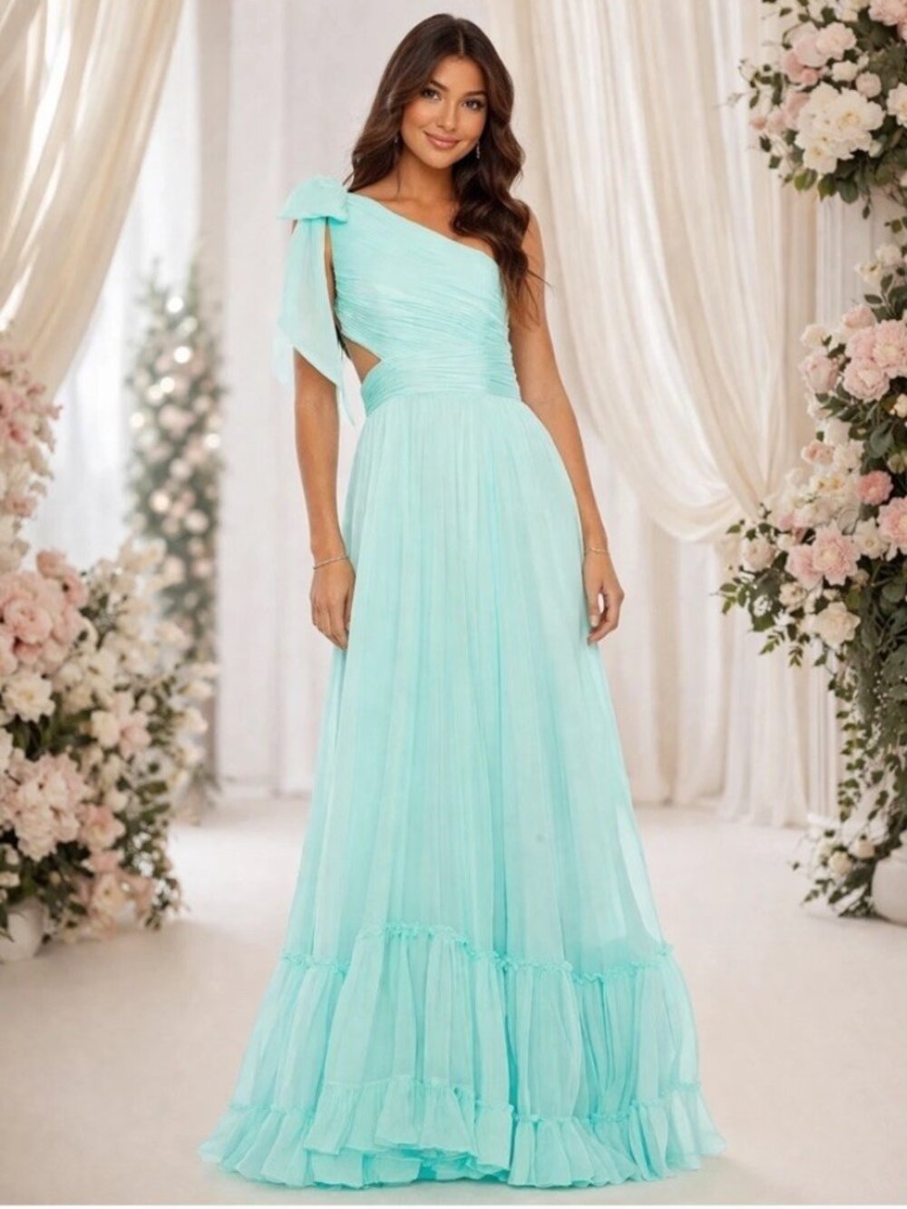 Mac Duggal Size 4 Aqua Blue Green 68472 Tiered One-Shoulder Prom Gown Dress NWT